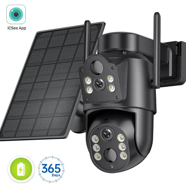 Black solar-powered wireless security camera with LEDs and adjustable mounting arm