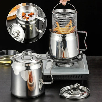 Stainless steel deep fryer pot with strainer basket and lid, frying food on stove