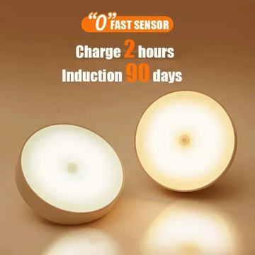 Round LED night lights with warm and cool tones, wireless, compact design, sensor feature.