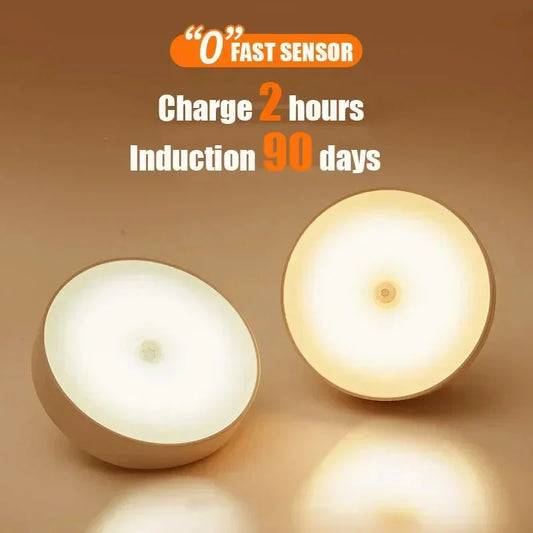 Round LED night lights with warm and cool tones, wireless, compact design, sensor feature.