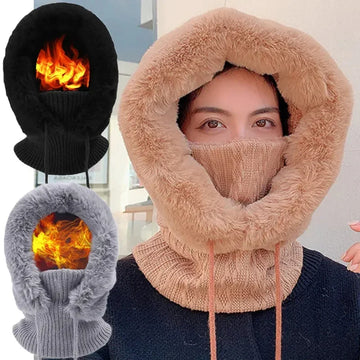 Woman wearing cozy faux fur hooded balaclava in beige, with black and gray color options displayed.