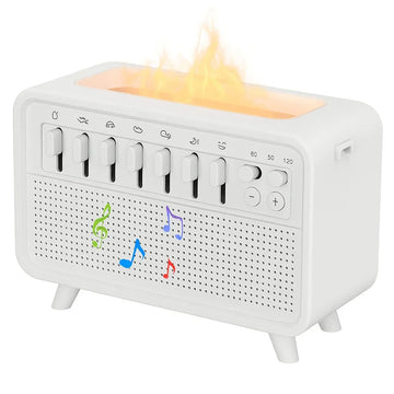White tabletop speaker with faux flame light, colorful music notes, and multiple control sliders