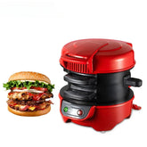Red electric burger maker with non-stick plates next to a stacked cheeseburger