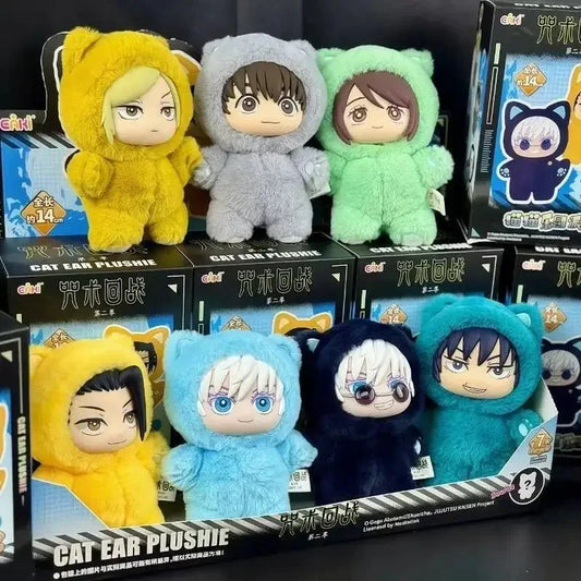 Assorted cat ear plush dolls in colorful fuzzy outfits, soft material, relaxed fit.