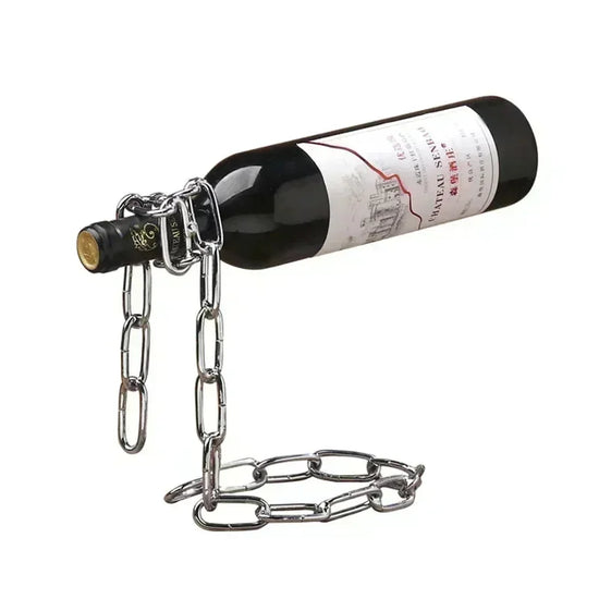 Floating wine bottle holder made of silver metal chain, unique modern home decor