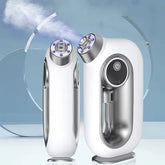 White and silver handheld facial steamer with LED lights, compact and modern design.