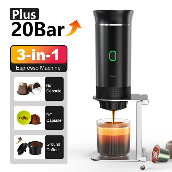 Black portable 20 bar espresso machine brewing coffee, compatible with capsules and ground coffee.