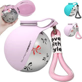 Portable round water bottle with pastel colors, bow print, attached loop handle, and stylish design