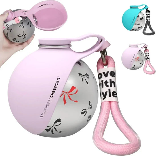 Portable round water bottle with pastel colors, bow print, attached loop handle, and stylish design