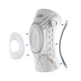 Futuristic white compression knee sleeve with adjustable straps and silicone pad, ergonomic fit