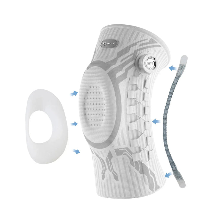 Futuristic white compression knee sleeve with adjustable straps and silicone pad, ergonomic fit