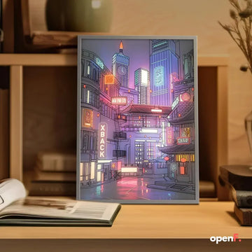 Neon-lit futuristic city artwork with vibrant colors on a wooden desk decor display