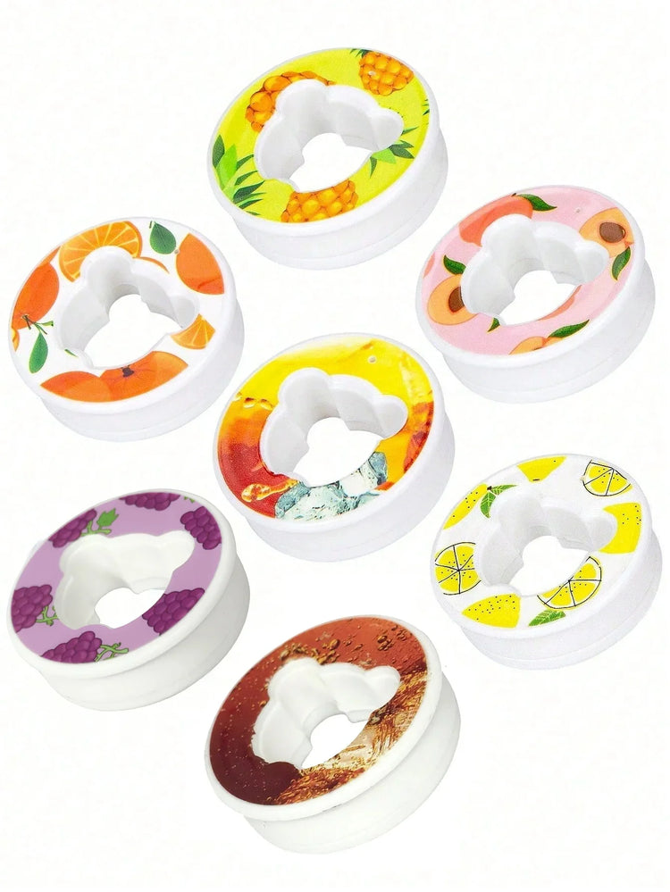 Colorful round plastic accessories with fruit and drink patterns, assorted designs, modern style