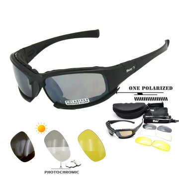 Black wraparound sunglasses with interchangeable lenses in yellow, clear, and polarized options, sports fit.