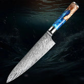Damascus steel chef knife with blue resin and wood handle, premium kitchen cutlery