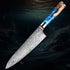 Damascus steel chef knife with blue resin and wood handle, premium kitchen cutlery