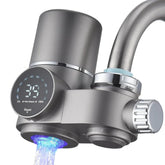Modern faucet-mounted water filter with digital display and blue LED light, stainless steel finish