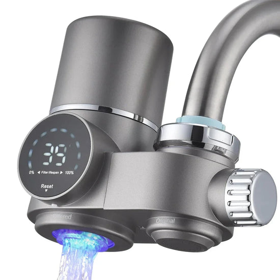 Modern faucet-mounted water filter with digital display and blue LED light, stainless steel finish