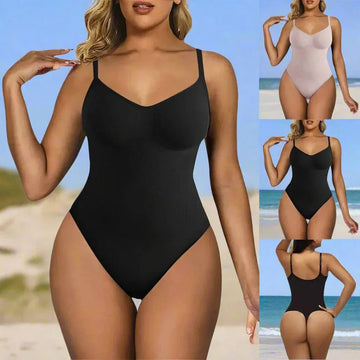 Woman wearing a black ribbed one-piece bodysuit with thin straps, form-fitting swimwear, available in multiple colors.