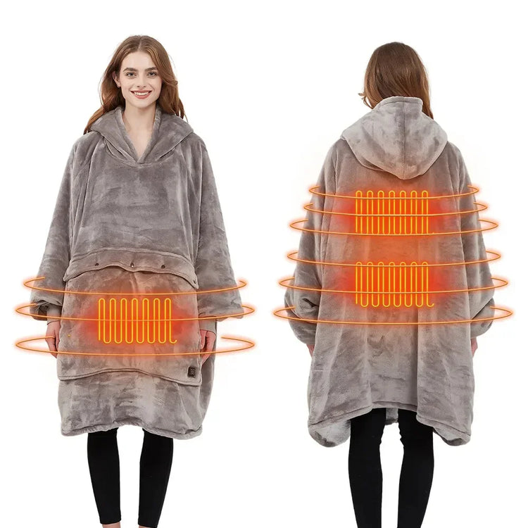 Woman wearing oversized grey plush heated hoodie blanket, relaxed fit, front and back view