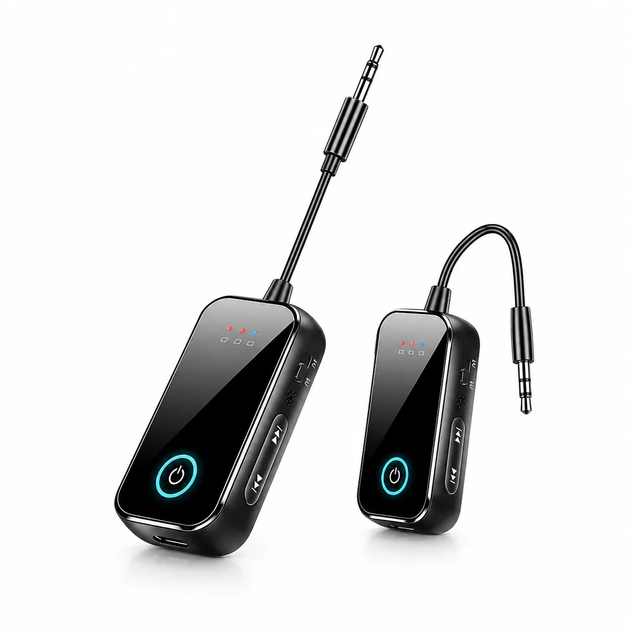 Black wireless audio adapter with glowing blue power button and 3.5mm jack for tech accessories