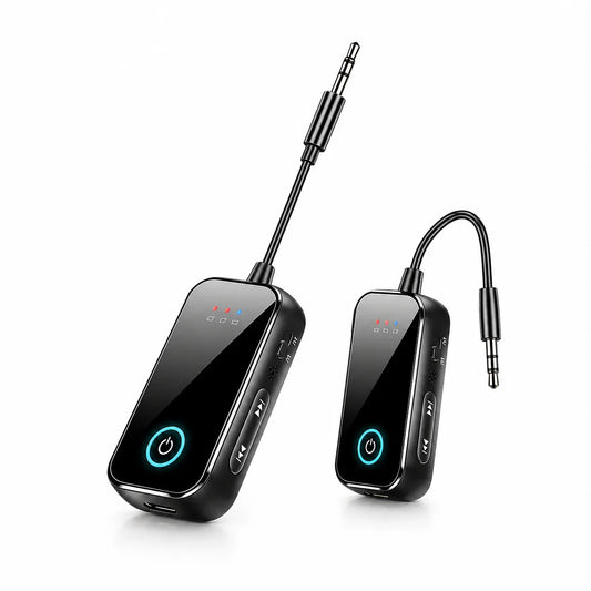 Black wireless audio adapter with glowing blue power button and 3.5mm jack for tech accessories
