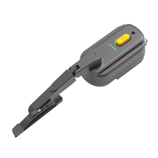Sleek gray foldable gadget with yellow power button, modern tech accessory design