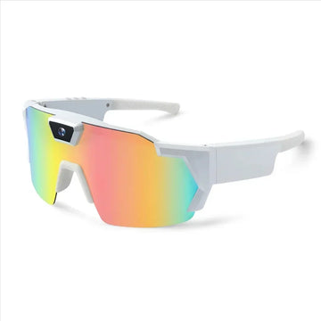 Futuristic white sunglasses with mirrored rainbow lens and angular design