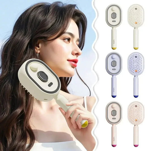 Woman with long wavy hair using a modern white detangling brush, multiple brush color options