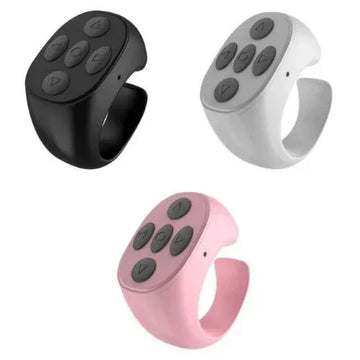 Three adjustable silicone smart rings with control buttons in black, white, and pink.