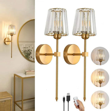 Gold wall sconce lights with clear glass shades, modern design, adjustable brightness, USB and remote control.