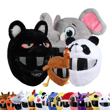 Plush animal helmet covers in various colors and styles, including cat, elephant, panda, and chicken designs.
