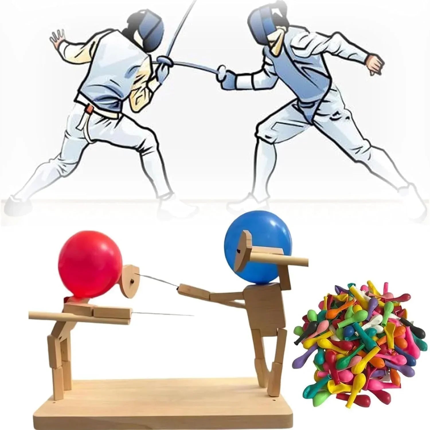 Cartoon fencers in white gear above wooden fencing toy with red and blue balloon heads, assorted balloons