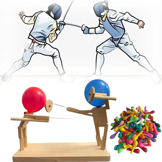 Cartoon fencers in white gear above wooden fencing toy with red and blue balloon heads, assorted balloons