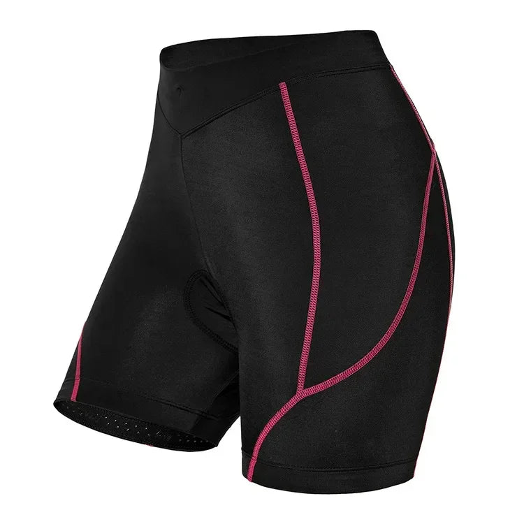 Black fitted cycling shorts with pink contrast stitching and stretch material