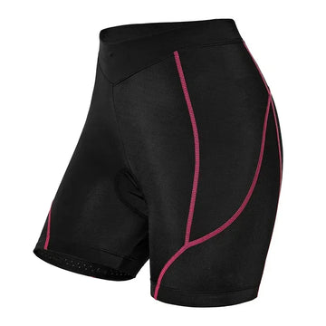 Black fitted cycling shorts with pink contrast stitching and stretch material