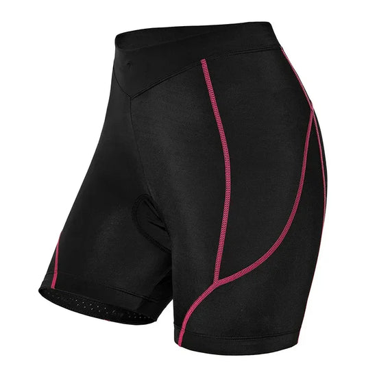 Black fitted cycling shorts with pink contrast stitching and stretch material