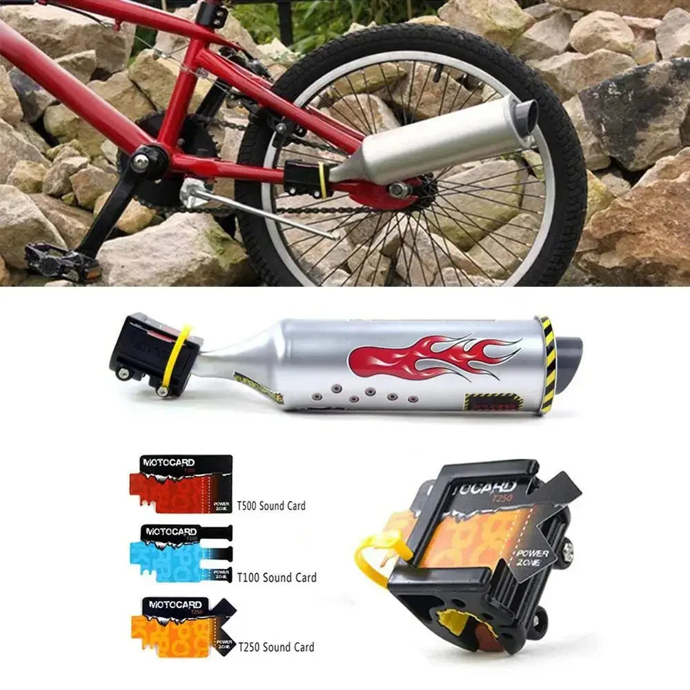 Silver toy exhaust pipe with flame design mounted on red bicycle, sound cards displayed below