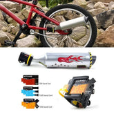 Silver toy exhaust pipe with flame design mounted on red bicycle, sound cards displayed below