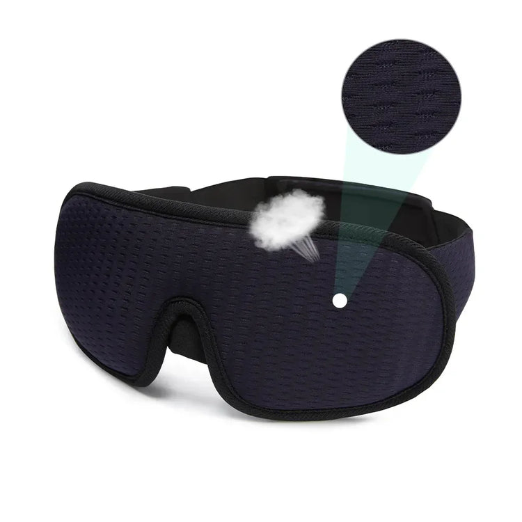 Black breathable sleep mask with soft padded material and ventilation hole, ergonomic fit