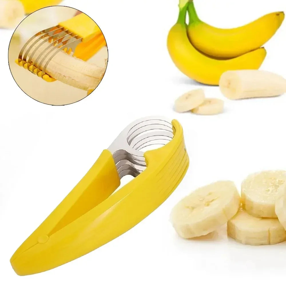Yellow plastic and stainless steel banana slicer with banana slices and whole bananas nearby