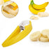 Yellow plastic and stainless steel banana slicer with banana slices and whole bananas nearby