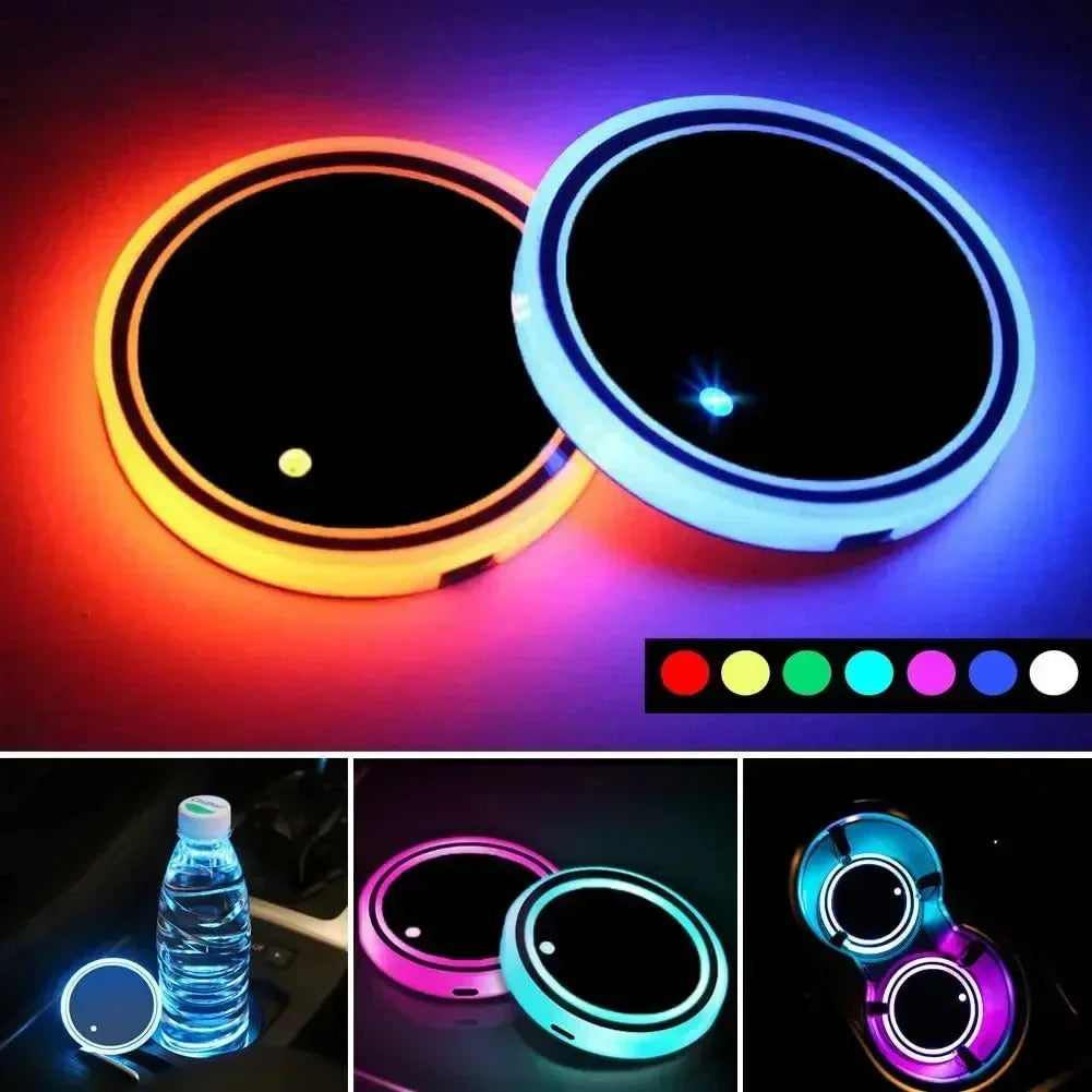 LED car cup holder lights with multicolor glowing rims, round shape, sleek modern design