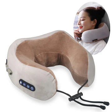 Plush beige travel neck pillow with memory foam, adjustable fit and control buttons, shown in use