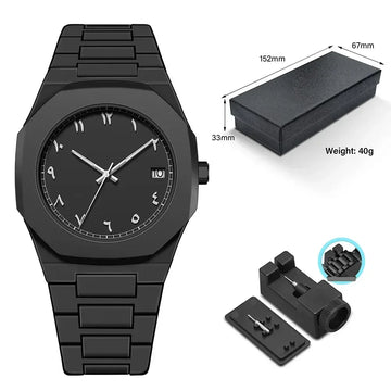 Matte black stainless steel wristwatch with Arabic numerals, adjustable band, and gift box