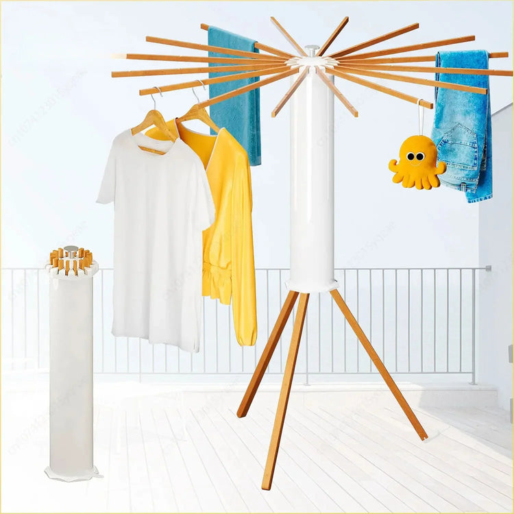 Modern folding clothes rack with wooden arms, displaying white t-shirt, yellow jacket, blue jeans.