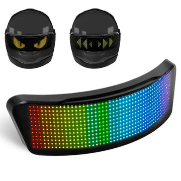 Futuristic black helmet with LED visor, showing customizable multicolor light display.