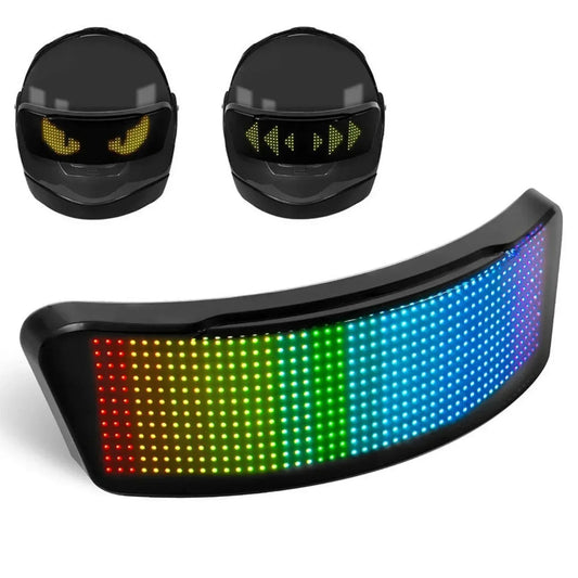 Futuristic black helmet with LED visor, showing customizable multicolor light display.