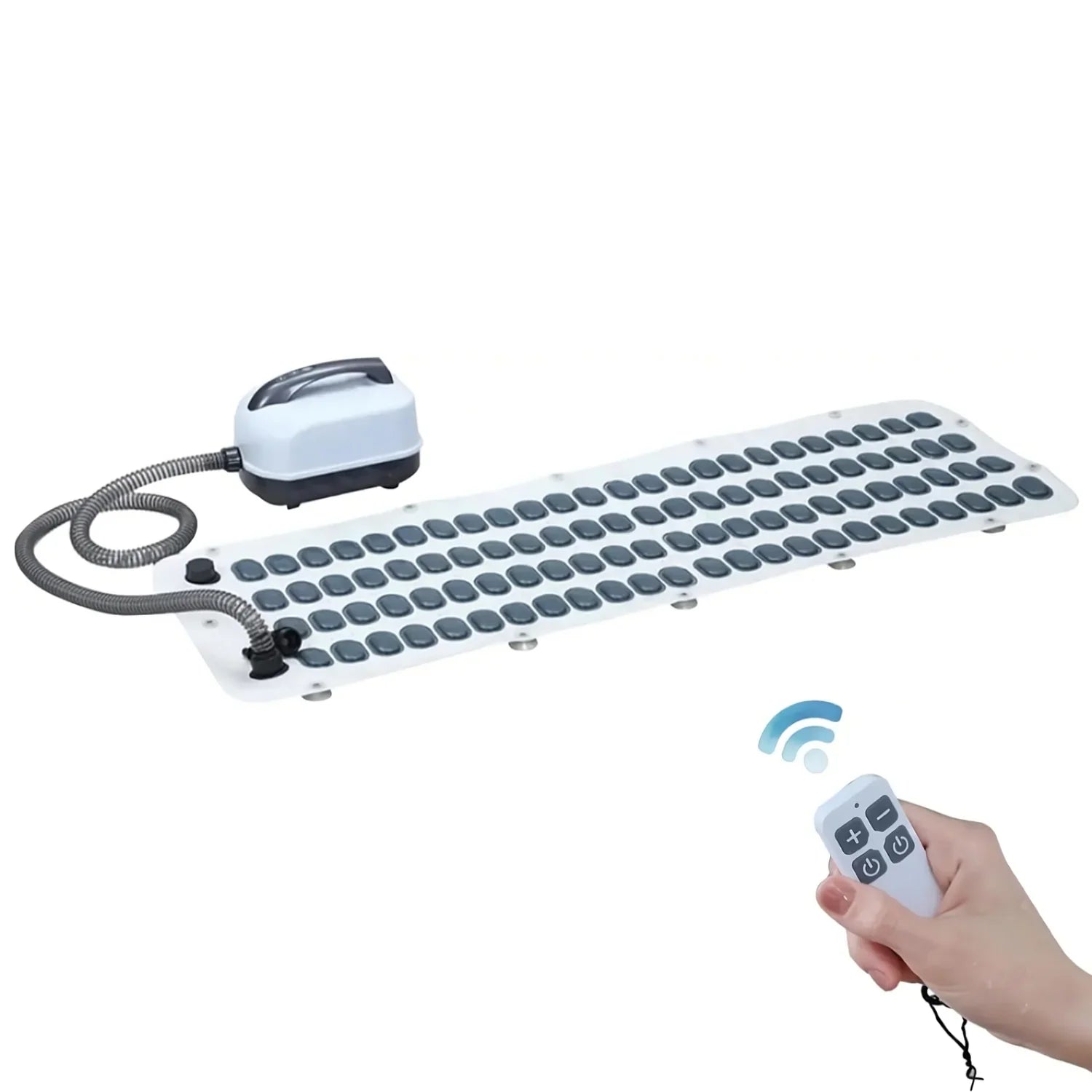 White and gray bubble bath massage mat with remote control for relaxing bath experience
