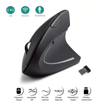 Ergonomic black vertical wireless mouse with USB receiver, matte finish, and side buttons